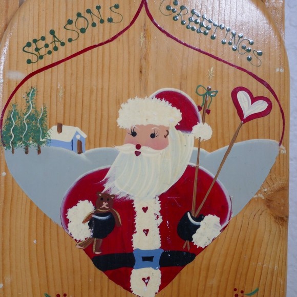 Santa Hand Painted Wooden Sled 18" Season Greetings Signed 1995 Mexico Vintage - Picture 3 of 15